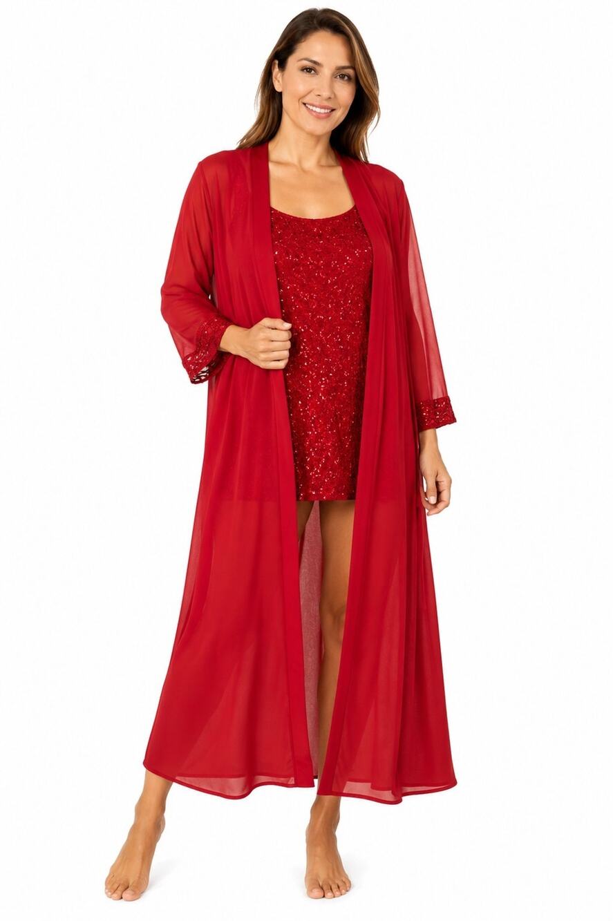 Roaman's 2 Pc Plus Size 42W Red Sequin Lace Tank & Long Sheer Open Front Duster